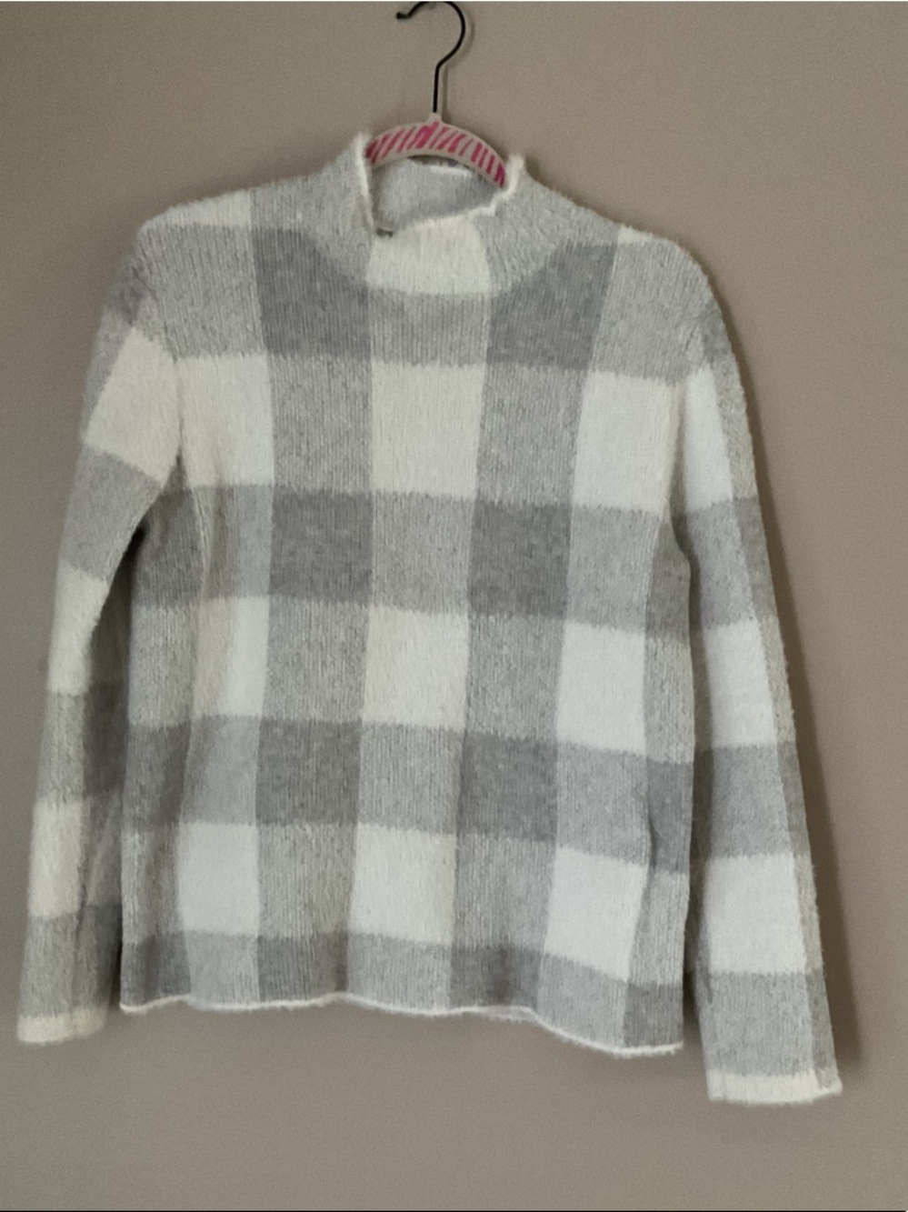 Cozy Gray & White Check Cowl Neck Sweater